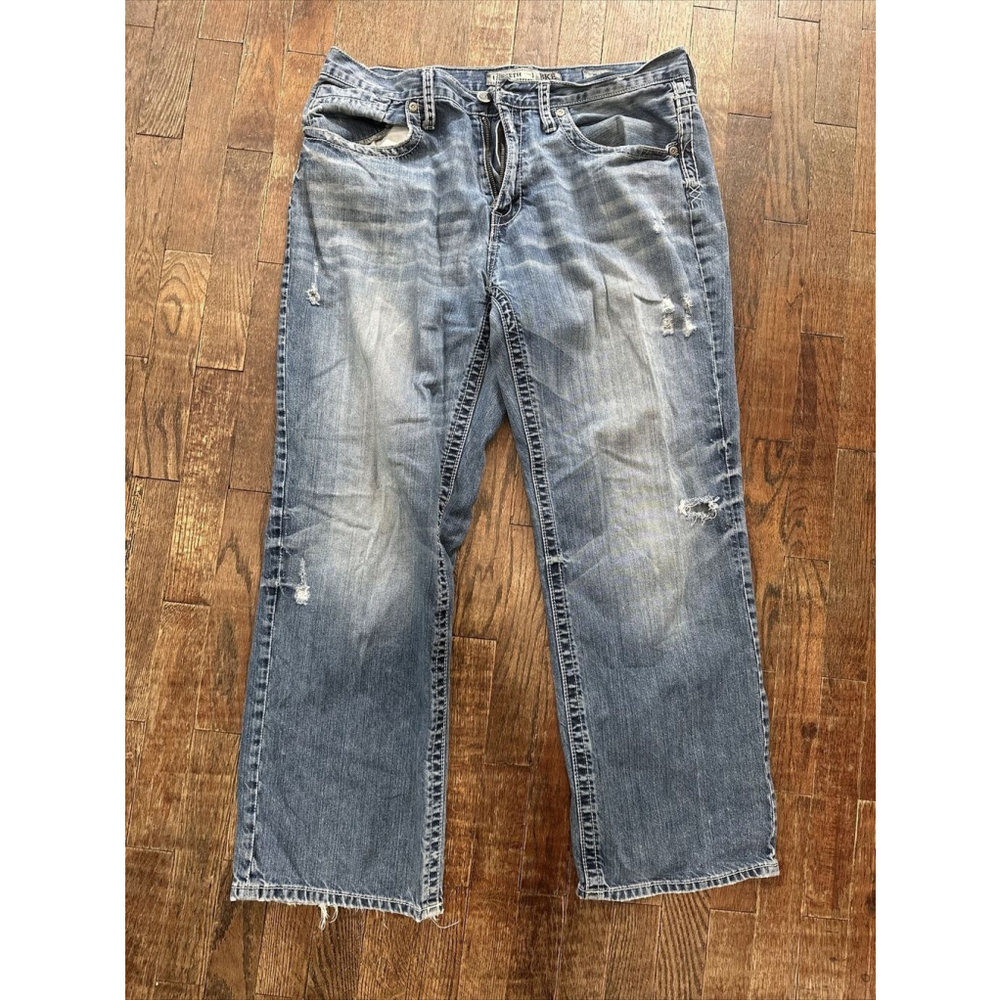BKE Jeans Mens 36R Blue Seth Straight Distressed Whiskers Hand Sanding Thrashed
